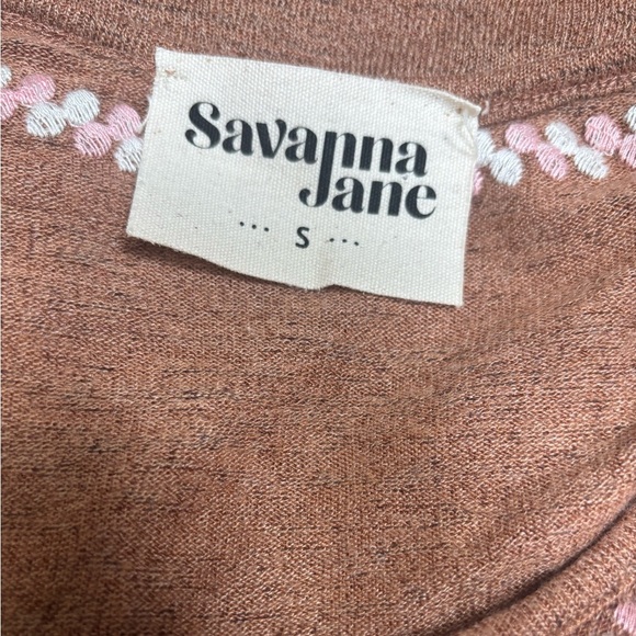 SAVANNA JANE BROWN & PINK BABYDOLL HIGH-LOW EMBROIDERED V-NECK CASUAL TOP SZ S - Picture 9 of 11